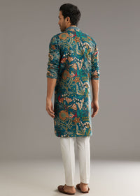Blue Silk Printed Kurta Set With Stone Embellishment