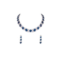 Blue Stone Studded Choker And Earrings Set In Geometric Design With Faux Diamonds By Aster