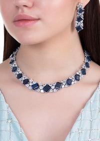 Blue Stone Studded Choker And Earrings Set In Geometric Design With Faux Diamonds By Aster