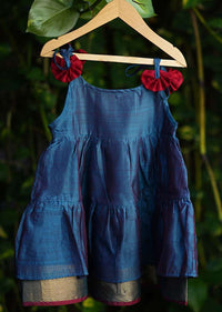 Kalki Girls Blue Tiered Dress In Cotton Silk With Adjustable Red Tie Ups On The Shoulder By Love The World Today