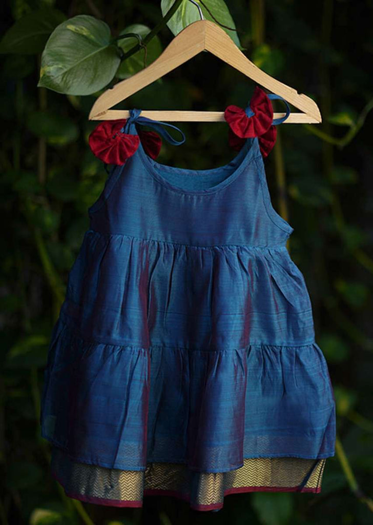 Kalki Girls Blue Tiered Dress In Cotton Silk With Adjustable Red Tie Ups On The Shoulder By Love The World Today