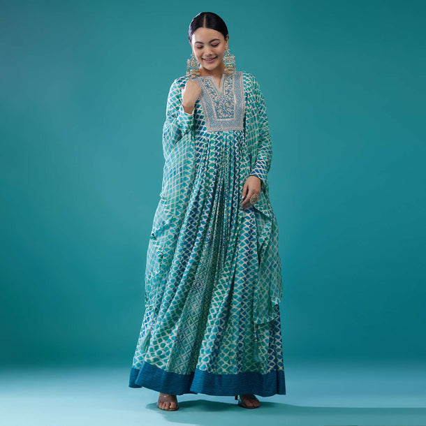 Sky Blue-Toned Silk Anarkali Suit With Embroidery