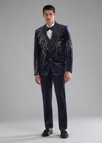 Blue Velvet Embellished Tuxedo and Bow Set