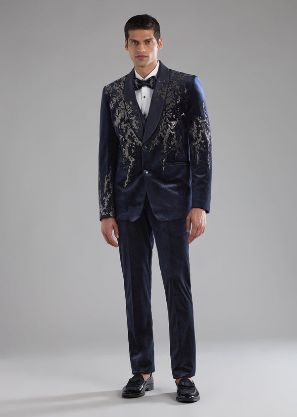 Blue Velvet Embellished Tuxedo and Bow Set