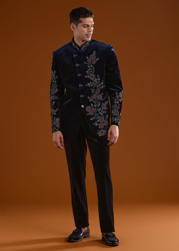 Blue Velvet Mens Jodhpuri With Thread And Cut Dana Work