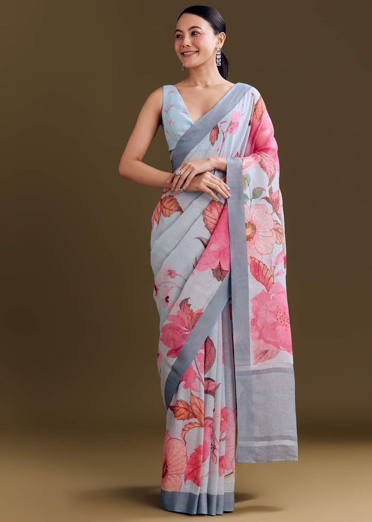 Blue Yellow Cotton Linen Saree With Botanical Prints