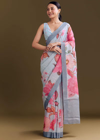 Blue Yellow Cotton Linen Saree With Botanical Prints