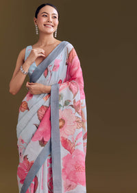 Blue Yellow Cotton Linen Saree With Botanical Prints