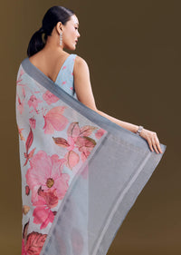 Blue Yellow Cotton Linen Saree With Botanical Prints