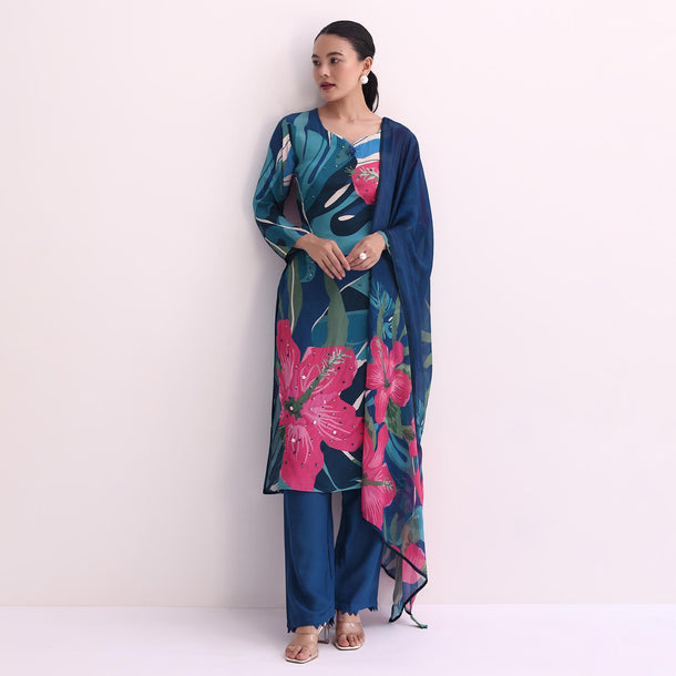 Blue Abstract Floral Print Kurti Pant Set With Dupatta