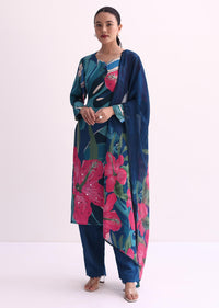 Blue Abstract Floral Print Kurti Pant Set With Dupatta