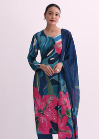 Blue Abstract Floral Print Kurti Pant Set With Dupatta