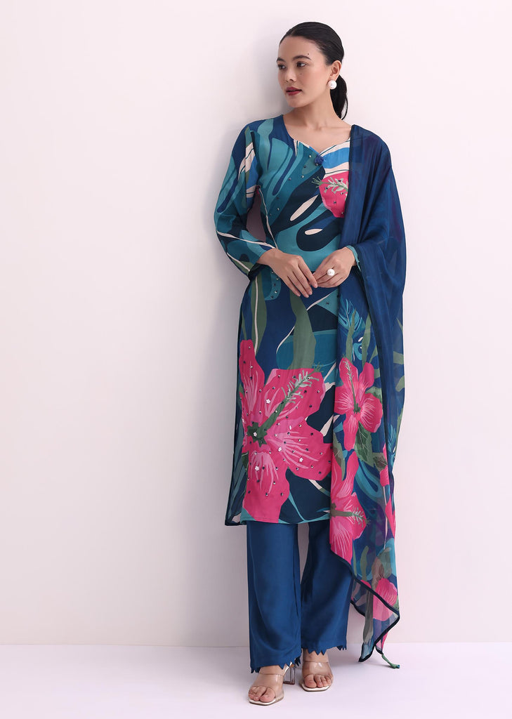 Blue Abstract Floral Print Kurti Pant Set With Dupatta