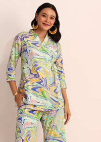 Blue Abstract Printed Satin Top And Palazzo