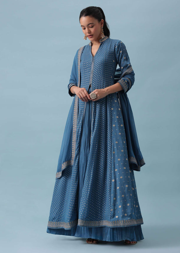 Blue Anarkali And Lehenga Set with Zari Work