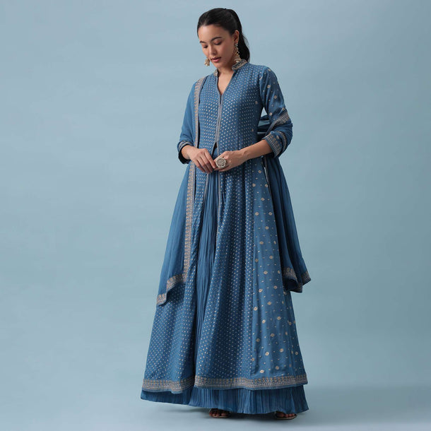 Blue Anarkali And Lehenga Set with Zari Work