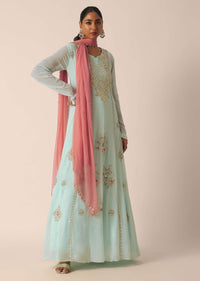Mint Green Anarkali Suit In Georgette Dress With Moti, Sequins And Zari Work