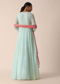 Mint Green Anarkali Suit In Georgette Dress With Moti, Sequins And Zari Work