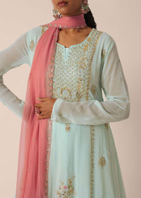 Mint Green Anarkali Suit In Georgette Dress With Moti, Sequins And Zari Work