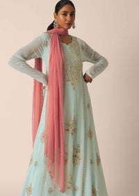 Mint Green Anarkali Suit In Georgette Dress With Moti, Sequins And Zari Work