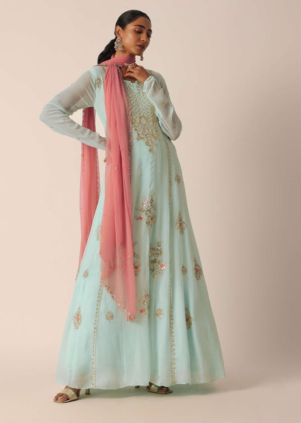 Mint Green Anarkali Suit In Georgette Dress With Moti, Sequins And Zari Work