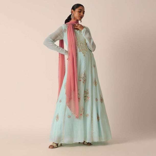 Mint Green Anarkali Suit In Georgette Dress With Moti, Sequins And Zari Work