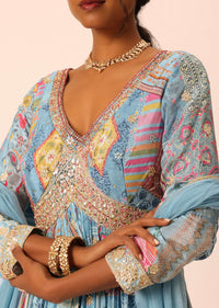 Blue Anarkali Set With Foil And Mirror Work