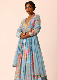 Blue Anarkali Set With Foil And Mirror Work