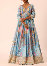 Blue Anarkali Set With Foil And Mirror Work