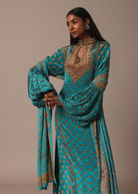 Blue Anarkali Set With Stone Work And Printed Detail