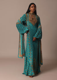 Blue Anarkali Set With Stone Work And Printed Detail