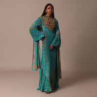 Blue Anarkali Set With Stone Work And Printed Detail