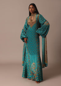 Blue Anarkali Set With Stone Work And Printed Detail