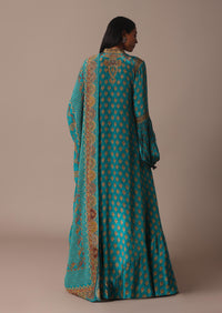 Blue Anarkali Set With Stone Work And Printed Detail