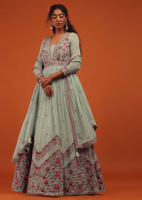 Blue Anarkali Suit Set In Georgette With A Floral Pattern