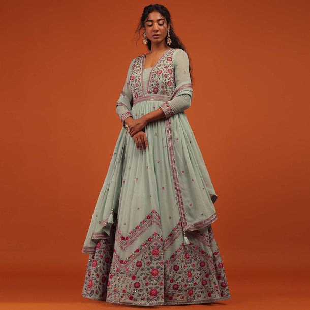 Blue Anarkali Suit Set In Georgette With A Floral Pattern