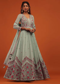 Blue Anarkali Suit Set In Georgette With A Floral Pattern