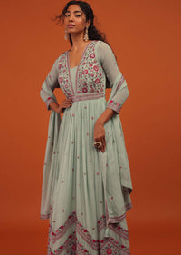 Blue Anarkali Suit Set In Georgette With A Floral Pattern