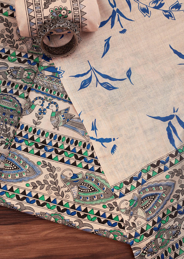 Blue And Beige Madhubani Printed Unstitched Salwar Suit