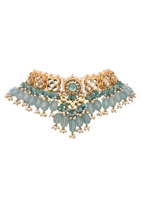 Blue And Gold Kundan Short Necklace Set With Stones