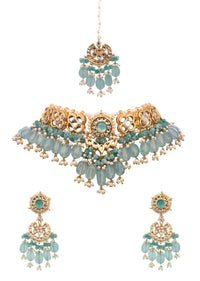 Blue And Gold Kundan Short Necklace Set With Stones