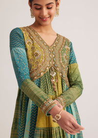 Blue And Green Silk Kurti With Indie Print