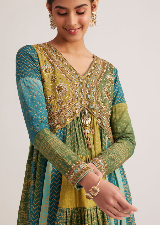 Blue And Green Silk Kurti With Indie Print