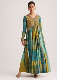 Blue And Green Silk Kurti With Indie Print