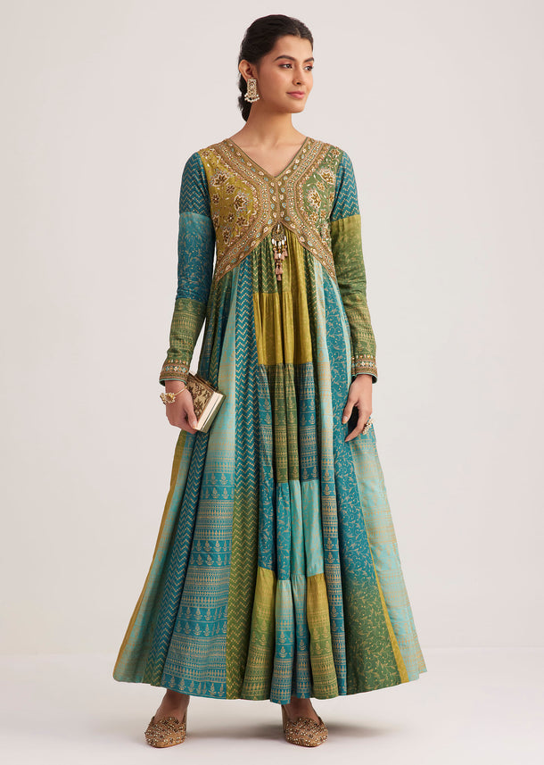 Blue And Green Silk Kurti With Indie Print
