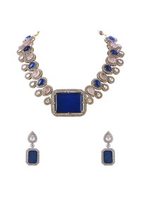 Blue And Pink Necklace Set With Polki Stones In Mix Metal