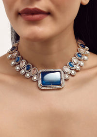 Blue And Pink Necklace Set With Polki Stones In Mix Metal