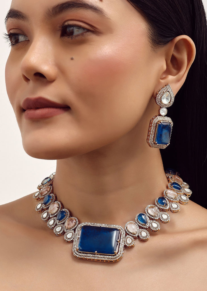 Blue And Pink Necklace Set With Polki Stones In Mix Metal