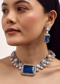 Blue And Pink Necklace Set With Polki Stones In Mix Metal