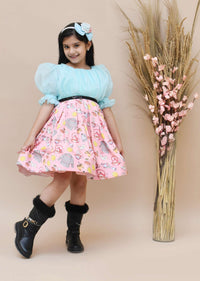 Kalki Girls Blue And Pink Organza Printed Dress With Ruffel Sleeves